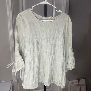 POL Striped Crinkle Cotton Tiered Babydoll Blouse with Ruffle Tie Sleeves